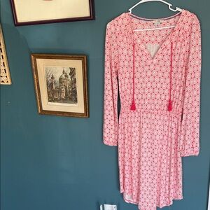 Boden Coral Printed Long-Sleeve Tassel Tie Dress 0200